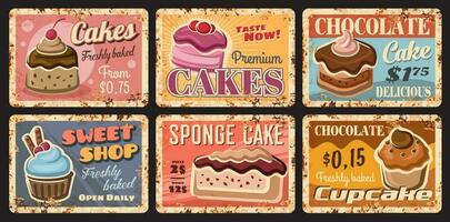 Pastry cake desserts metal rusty plates, sweets vector