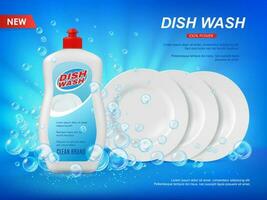 Detergent dishware cleaner with plates and bubbles vector