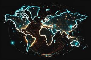 global mapa de el mundo, el tierra comunicación tecnologías con Internet efecto. futurista moderno generativo ai foto