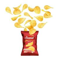 Crispy potato chips flying into pack, snack food vector