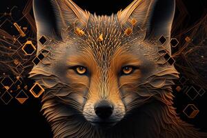 Fantasy Raster Image of Fox Face with Golden Spot, Animal face in the depths of galaxies and stars fox photo
