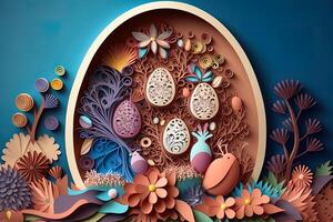 paper cut quilling multi dimensional easter egg in easter celebration, a lot of egg and small rabbit in background. Spring concept. photo