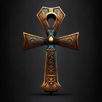 Ancient golden ankh symbol isolated on dark background. Illustration of an Egyptian cross in digital form. The ancient Egyptians used the Ankh as a symbol for eternal life. photo