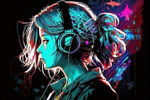 an neon gamer anime fashion girl or woman wearing headphones, lost in her music. abstract background that evokes the feeling of different genres of music. banner music concept photo