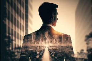 The double exposure image of the business man standing back overlay with cityscape image. The concept of modern life, business, city life and internet of things. photo