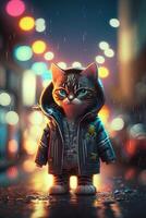 toy cute cat in clothes jacket and sneakers on street background with neon lighting, photo