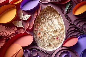 paper cut quilling multi dimensional easter egg in easter celebration, a lot of egg and small rabbit in background. Spring concept. photo