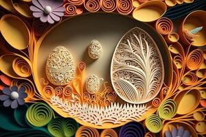 paper cut quilling multi dimensional easter egg in easter celebration, a lot of egg and small rabbit in background. Spring concept. photo