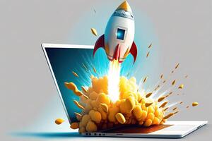 Rocket coming out of laptop screen, white background. AI digital illustration concept of ideas and start up. photo