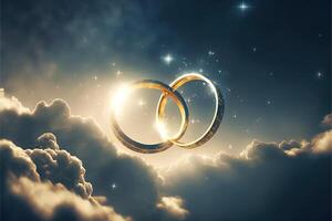 A pair of gold wedding rings floating in the sky. two wedding rings floating in the clouds with a sun in the background and a blue sky with clouds below them. . Wedding concept. photo