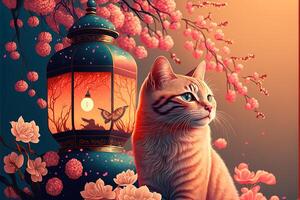 abstract design chinese new year cute cats with spring colors, surreal fantasy, peach flower. Happy new year concept 2023. Year of Cat. Lunar new year photo