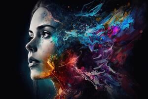 Beautiful fantasy abstract portrait of a beautiful woman double exposure with a colorful digital paint splash or space nebula, photo