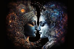 radha Krishna en amor medio Disparo fotografía retrato de cósmico galáctico generativo ai. símbolo de divino amor. Arte impresión para hogar decoración hindú Pareja en resumen decorativo antecedentes foto