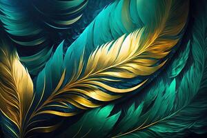 Abstract background with feather pattern, gradients and texture, digital painting in blue, green and gold, red, teal, orange colors, created with photo