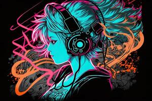 an neon gamer anime fashion girl or woman wearing headphones, lost in her music. abstract background that evokes the feeling of different genres of music. banner music concept photo