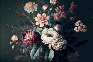 beautiful fantasy vintage wallpaper botanical flower bunch,vintage motif for floral print. photo