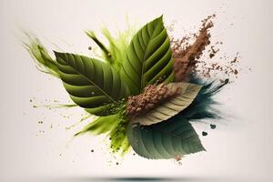 powder flavored explosion white background with kratom leafs mockup for matcha tea. photo