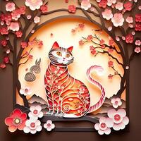 Paper cut quilling multidimensional chinese style cute zodiac cat with lanterns, blossom peach flower in background, chinese new year. Lunar new year 2023 concept. photo