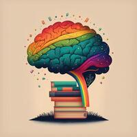 This whimsical image shows a brain with a library inside, its neurons and synapses lit up in a rainbow of joyful colors. A stack of books on a shelf indicates knowledge and learning, photo