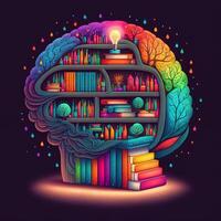 This whimsical image shows a brain with a library inside, its neurons and synapses lit up in a rainbow of joyful colors. A stack of books on a shelf indicates knowledge and learning, photo