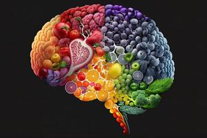 Human brain made of fruits and vegetables created using technology. Concept of nutritious foods for brain health and memory. Illustration Healthy brain food to boost brainpower nutrition photo
