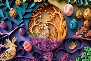 paper cut quilling multi dimensional easter egg in easter celebration, a lot of egg and small rabbit in background. Spring concept. photo