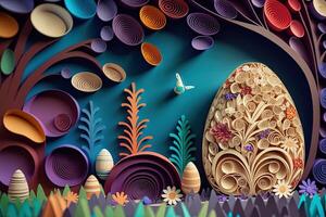 paper cut quilling multi dimensional easter egg in easter celebration, a lot of egg and small rabbit in background. Spring concept. photo