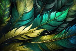 Abstract background with feather pattern, gradients and texture, digital painting in blue, green and gold, red, teal, orange colors, created with photo