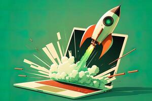 Rocket coming out of laptop screen, green background. AI digital illustration concept of ideas and start up. photo