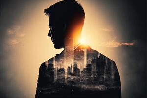 The double exposure image of the business man standing back overlay with cityscape image. The concept of modern life, business, city life and internet of things. photo