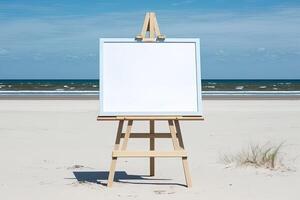 White blank artist frame on a small wooden easel on summer sea beach background with copy space. Advertising mockup artboard for pictures or artwork. Painting frame template banner. photo