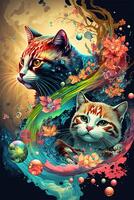 abstract design chinese new year cute cats with spring colors, surreal fantasy, peach flower. Happy new year concept 2023. Year of Cat. Lunar new year photo