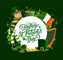 patricks día irlandesa bandera, duende y trébol vector