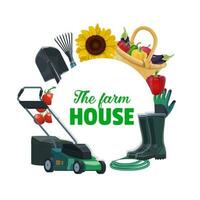 Farm spade, fork, lawn mower, boots and vegetables vector