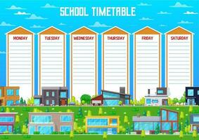 plantilla de horario escolar con edificios de dibujos animados vector