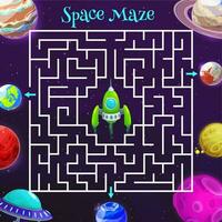 Cartoon space labyrinth maze game, kids education vector