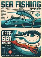 Fishing tackles shop, travel tours retro banners vector