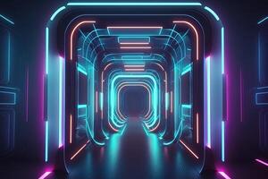 Abstract neon lights into digital technology tunnel. Futuristic technology abstract background with lines for network, big data, data center, server, internet, speed. technology photo