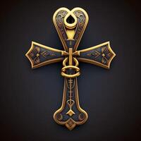 Ancient golden ankh symbol isolated on dark background. Illustration of an Egyptian cross in digital form. The ancient Egyptians used the Ankh as a symbol for eternal life. photo