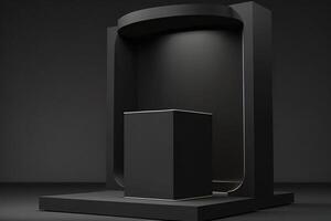 black background and product podium stand studio. Elegant black cube stand for product placement mockup. Minimal box platform showroom with spot light. photo