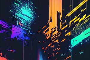 Abstract background with interlaced digital glitch and distortion effect. Futuristic cyberpunk design. Retro futurism, web punk, rave 80s 90s cyberpunk aesthetic techno neon colors. photo