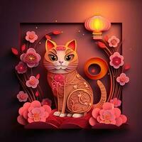 Paper cut quilling multidimensional chinese style cute zodiac cat with lanterns, blossom peach flower in background, chinese new year. Lunar new year 2023 concept photo