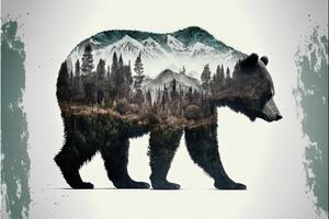 Double exposure of a bear and jungle on white background. Camping concept. Vintage Grizzly for t-shirt design, sticker, poster, and wallpaper. Adventure bear illustration photo