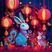 Paper cut quilling multidimensional chinese style cute zodiac rabbit with lanterns, blossom peach flower in background, chinese new year. Lunar new year 2023 concept photo