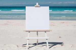 White blank artist frame on a small wooden easel on summer sea beach background with copy space. Advertising mockup artboard for pictures or artwork. Painting frame template banner. photo