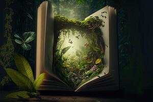 A tropical rainforest jungle with parrot, bird, monkey, wolf appearing opening a book. Jungle book for kid. fantastic jungle landscape. photo