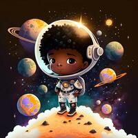 Adorable black boy astronaut, in outer space, standing on a planet, bright colorful asteroids and galaxies, moonlight shining down, chibi style. Emblem for space travel, technology, cute photo