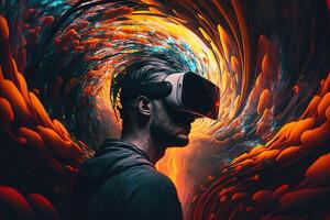 generativo ai ilustración de un entusiasta joven hombre vistiendo virtual realidad gafas de protección es dentro el metaverso. metaverso concepto y virtual mundo elementos. juegos y entretenimiento de el digital foto