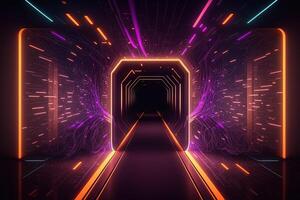 Abstract neon lights into digital technology tunnel. Futuristic technology abstract background with lines for network, big data, data center, server, internet, speed. technology photo