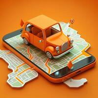 Online mobile application taxi ordering service , Orange taxi car driving along the route to the marker on a smart phone, on a city map. Car and satellite navigation systems concept. photo